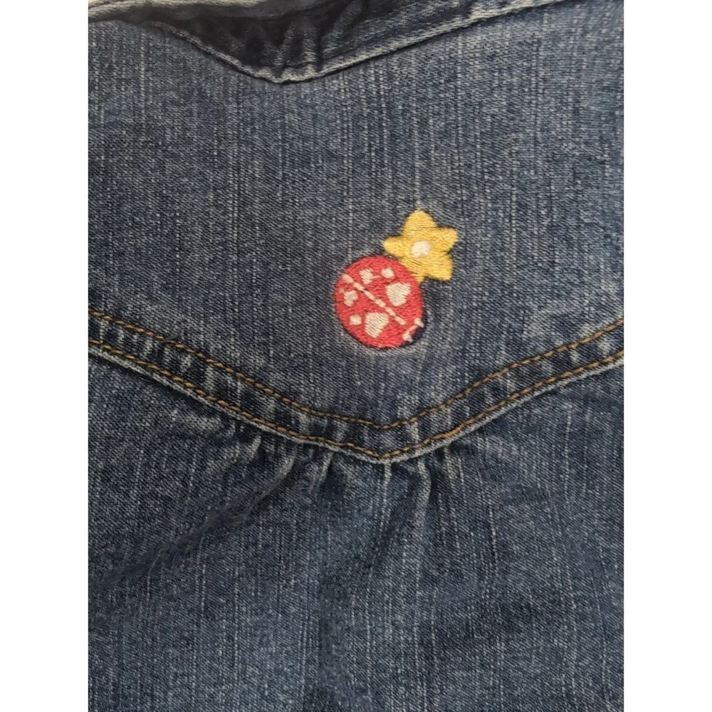 Vintage Y2K Girls Size 12 Mths Denim Blue Jumper Dress Ladybug Floral Embroidery